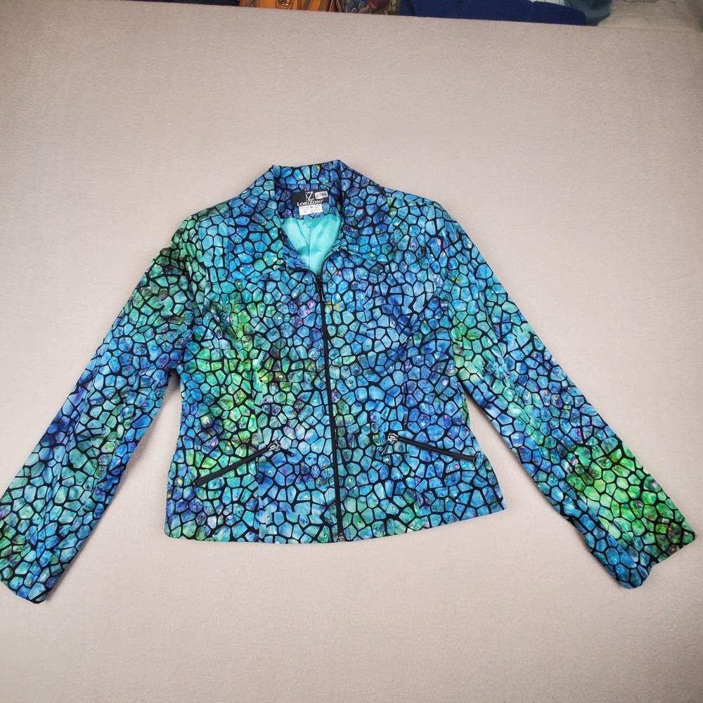 LoriZoni Women's Small Blue Teal Maximalist Metallic Embellished Zip Jacket